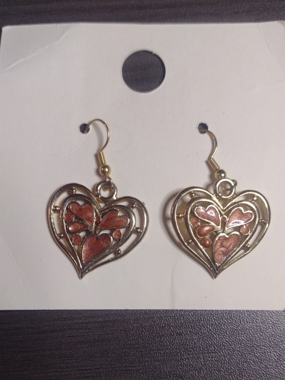 Gold Heart Drop Earrings with Rose-Gold Accents